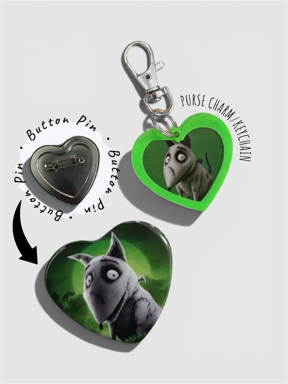 Green Heart Purse Charm & Button Pin Set - Tim Burton Style Frankenweenie